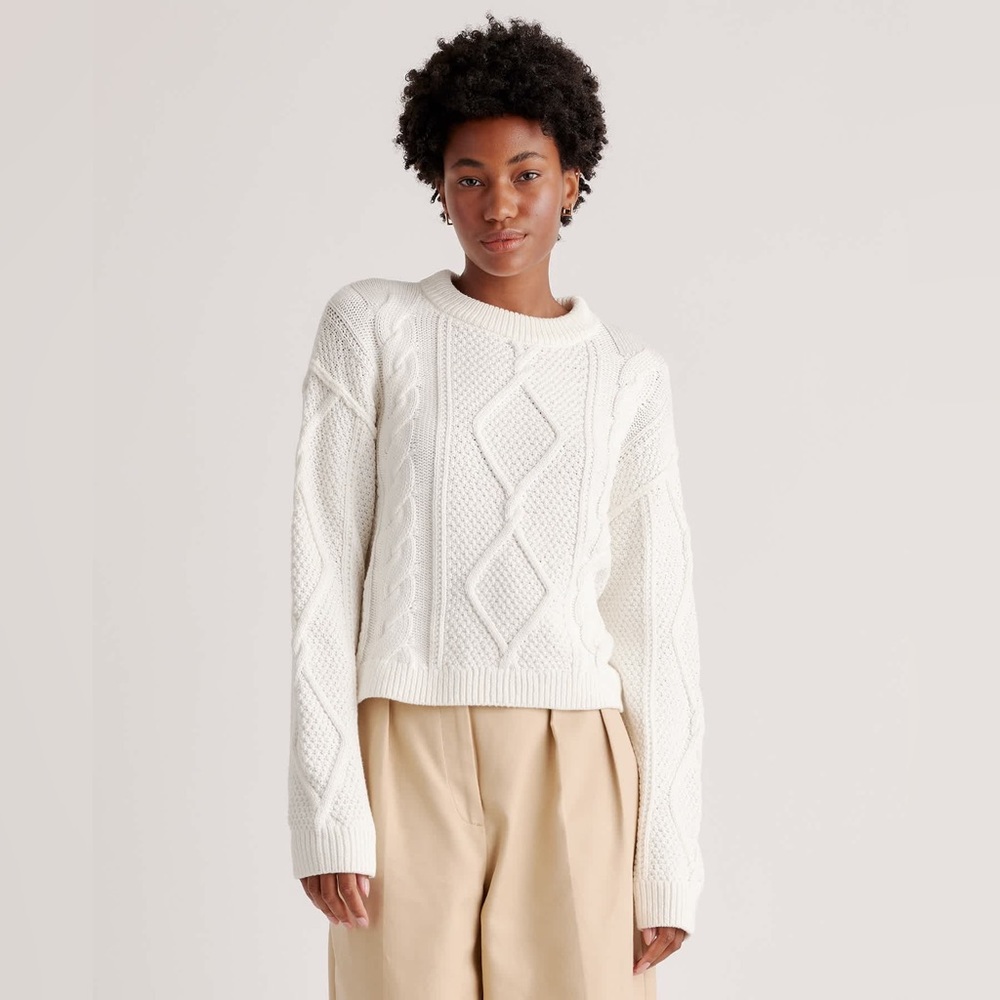 Quince White Cable Knit Organic Cotton Sweater